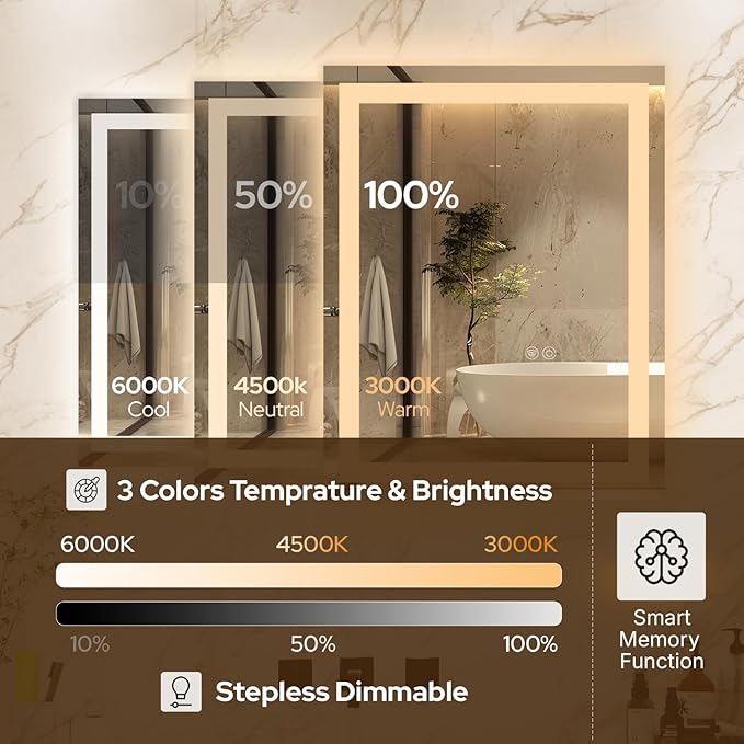 36 x 36 LED Bathroom Mirror with Lights, Lighted Bathroom Vanity Mirror for Wall, Espejos para Baños, Frontlit & Backlit, Anti-Fog, Shatterproof, 3 Adjustable Color Temperatures & Memory Function