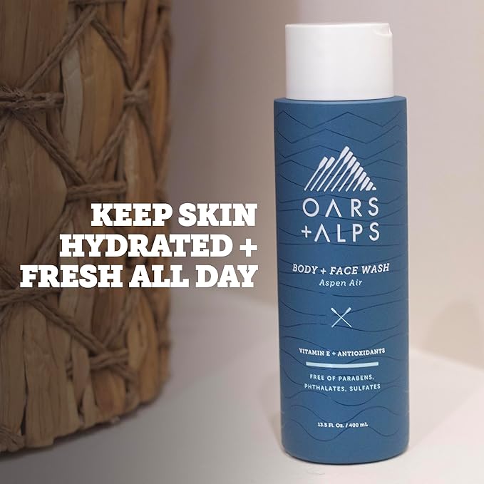 Oars + Alps Mens Moisturizing Body and Face Wash, Skin Care Infused with Vitamin E and Antioxidants, Sulfate Free, Aspen Air, 1 Pack