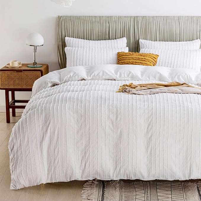 JELLYMONI Duvet Cover King Size Bright White - 3PCS Boho Striped Duvet Cover Set Polyester Tufted Bohemian Textured Comforter Cover 104×90in with Corner Ties & Zipper and 2 Pillowcases