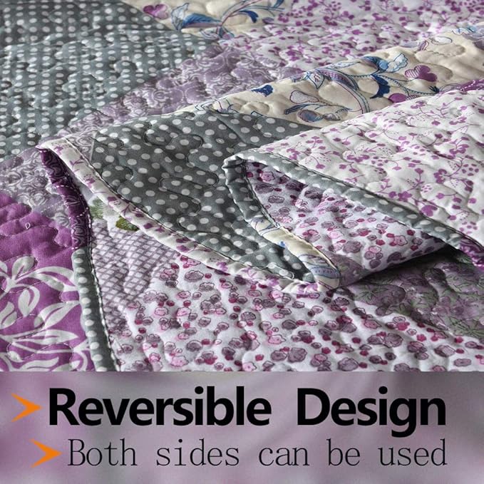 ENJOHOS King Size Quilt Set - 3 Pieces Purple Patchwork King Quilt with 2 Pillowcases, Lightweight Reversible Country Bedspread with Floral Design