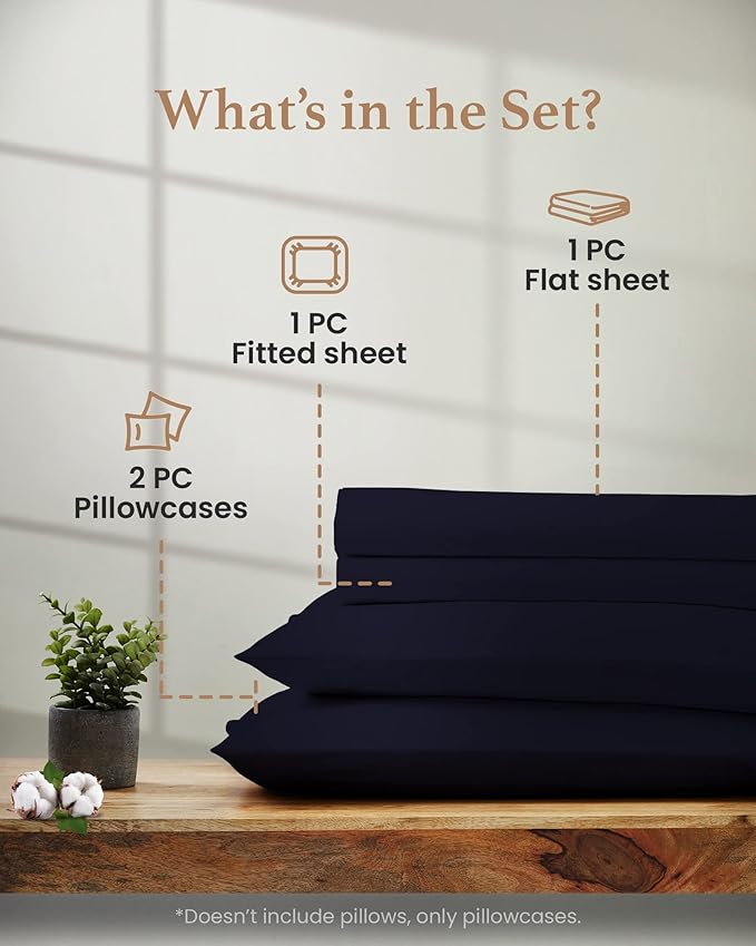 Good Sleep Bedding California King Sheet Sets - 4 Pc Navy Blue Egyptian Cotton - Deep Pocket - Fitted, Flat & 2 Pillow Cases