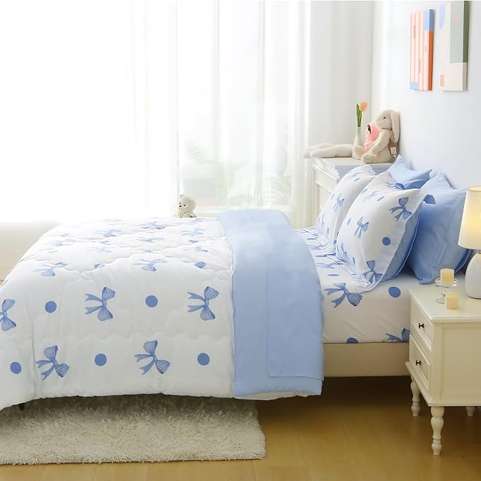 Wajade 7 Piece Blue Bow Comforter Set for Girls Kids Twin Size Bedding Set with Sheet and 2 Pillowcases 2 Pillow Shams Cute Girls Bed in a Bag as Birthday Choice