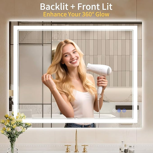 32"x40" LED Bathroom Mirror with Lights, Anti-Fog, Backlit + Front Lit, Dimmable, Led Vanity Mirror for Wall, Lighted Bathroom Mirror, 3 Colors, Shatter-Proof Tempered Glass