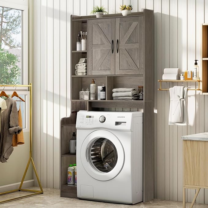 Over The Toilet Storage Cabinet with Barn Doors, Rustic Bathroom Organizer, Space-Saving Shelf for Laundry, Grey