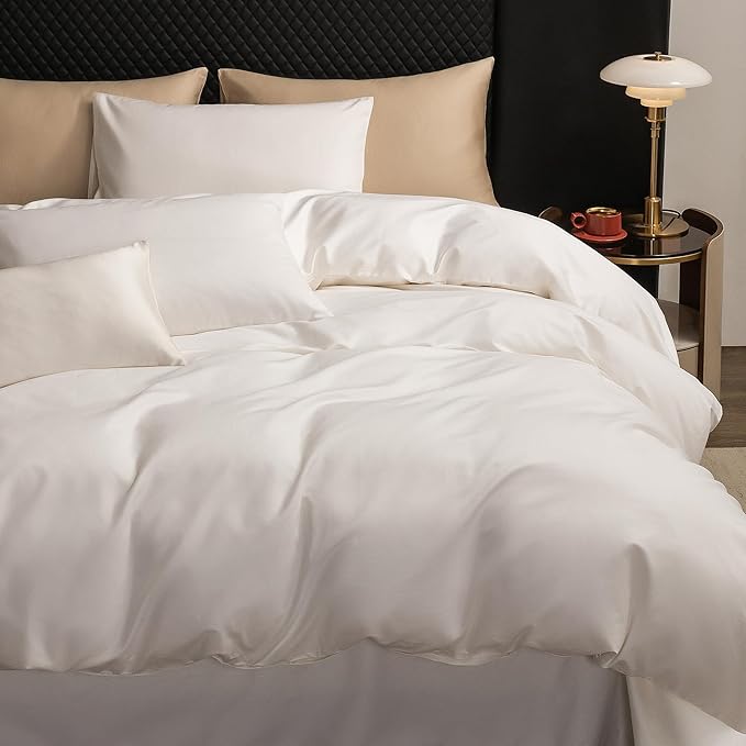 MooMee Duvet Cover Set 100% Extra Long Staple Cotton 600 Thread Count Silky Sateen Smooth Luxury Soft Breathable Durable Hotel Quality Bedding, 3 Pieces (Creamy White, Full 80"x90")
