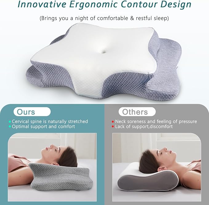 Cervical Neck Pillow for Pain Relief Sleeping, Contour Memory Foam Pillow, Ergonomic Side Sleeper Pillow for Adults, Cooling Orthopedic Neck Support Pillow for Back Stomach Sleepers