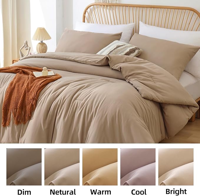 ROSGONIA Queen Comforter Set Taupe Brown, 3pcs(1 Boho Tan Comforter & 2 Pillowcases) All Season Soft Bedding Lightweight Bedspread Blanket Quilt