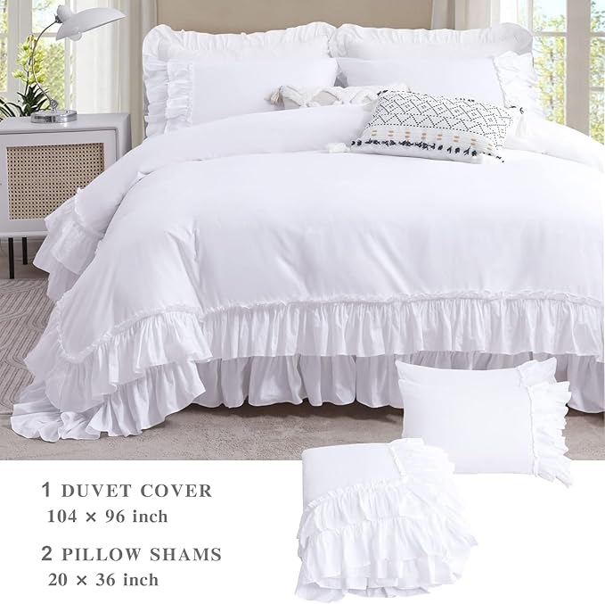 QSH Ruffle White Duvet Cover California King Size- Washed Cotton Shabby Farmhouse Chic Ruffled Bedding 3pcs(1 Soft Cotton Duvet Cover +2 Ruffle Pillowshams) Aesthetic French Country Calking Bed