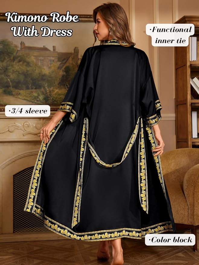Satin Robe Sets For Women, 2-PC Lightweight Bathrobe, Silk Sleepwear Kimono Bridesmaid Sexy Robes