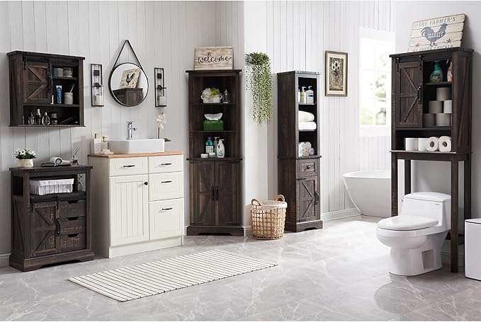 RedLemon Farmhouse Over The Toilet Storage Cabinet, 68" Tall with Sliding Barn Doors & Adjustable Shelves, Rustic Above Toilet Storage Cabinet, Dark Rustic Oak