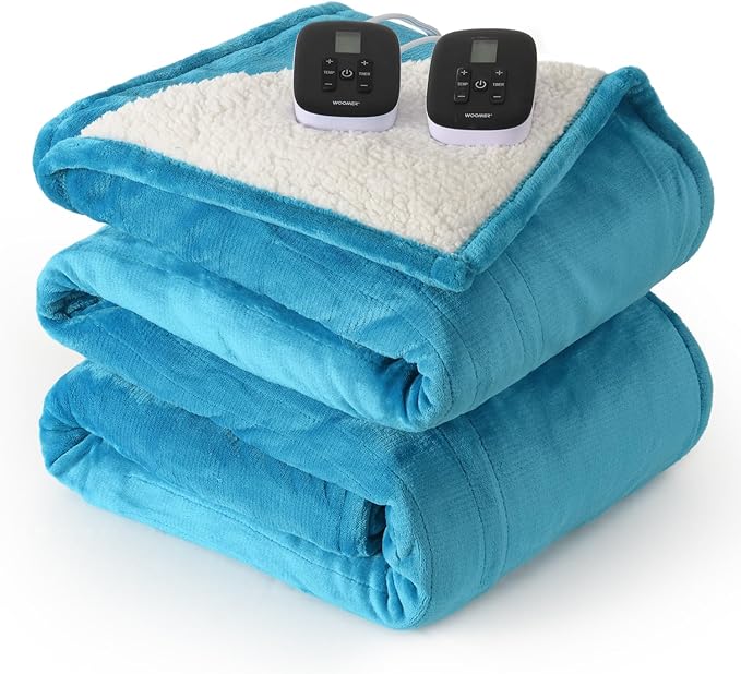 WOOMER Heated Blanket King Size,Durable Flannel and Soft Sherpa,Dual Control,90” × 100” Electric Blanket, 10 Heat Levels&0.5-12h auto-Off, Overheat Protection,Energy Efficient