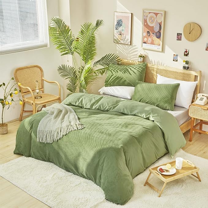 Cottonight Sage Velvet Fluffy Flannel Bedding - Twin Light Green Plush Comforter Set With Blanket & Quilts - Warm & Soft for Women & Men