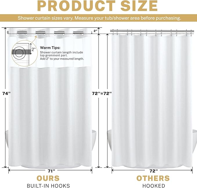 No Hook White Shower Curtain, Polyester Textured Shower Curtain with Snap in Liner Set, Waterproof & Washable Bath Curtains for Bathroom, 71Wx74H