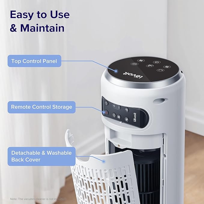 LEVOIT Tower Fan for Bedroom, Standing Fan with 28dB Quiet for Sleep, Remoter, 12H Timer, 25ft/s Velocity, 5 Speeds, 4 Modes, 90° Oscillation for Home, Office, Indoor, Bladeless 36 inch, White