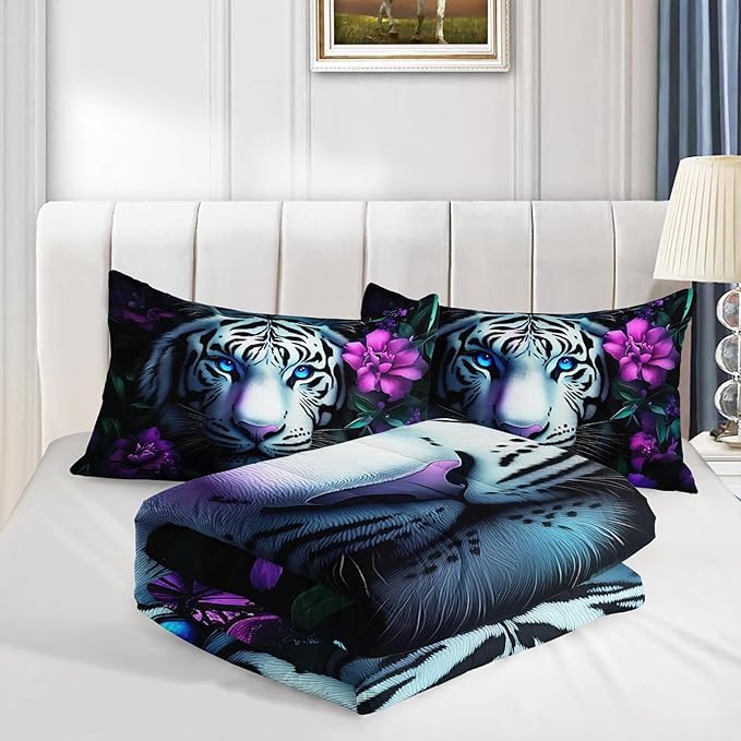 Wild Animal Themed Comforter Set King Size,White Leopard Floral Print Bedding Sets for Kids Teens Room Decor,Gothic Bedding All Season with 2 Pillowcases.