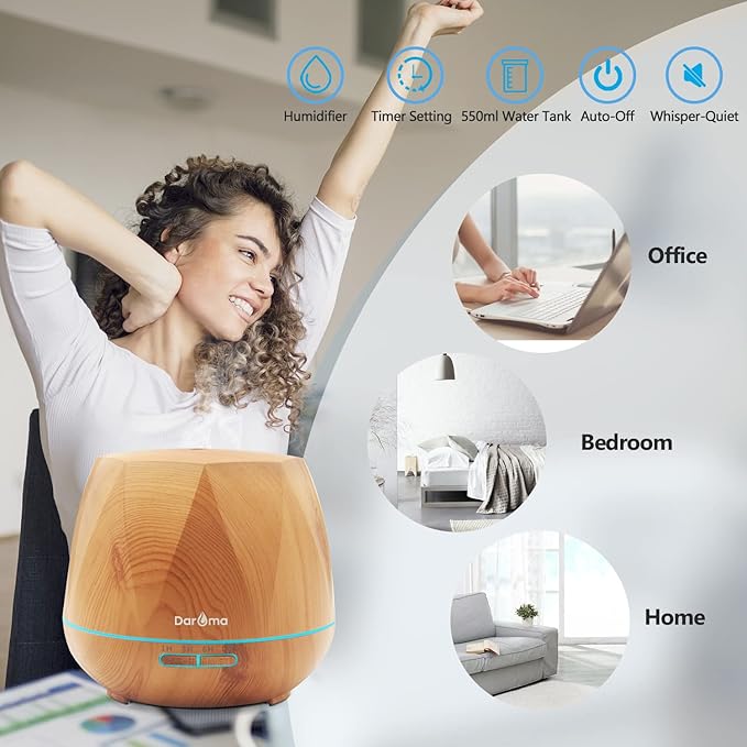 550ml Essential Oil Diffuser, DAROMA Upgraded Remote Control 6 in 1 Aromatherapy Ultrasonic Cool Mist Humidifier, 7 Color Changing Mood Lights & Waterless Auto-Off for Home Office Gift, Light Wood