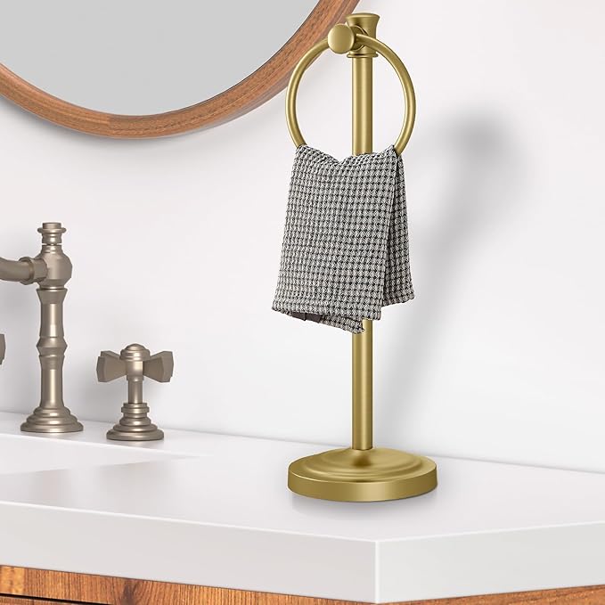 Hoimpro 17 Inch Stand Hand Towel Holder Towel Bar Towel Hanging Ring, Free Standing Floor Hand Towel Rack Storage for Bathroom Kitchen Vanity Countertops, Hardware Accessories(Brushed Gold)