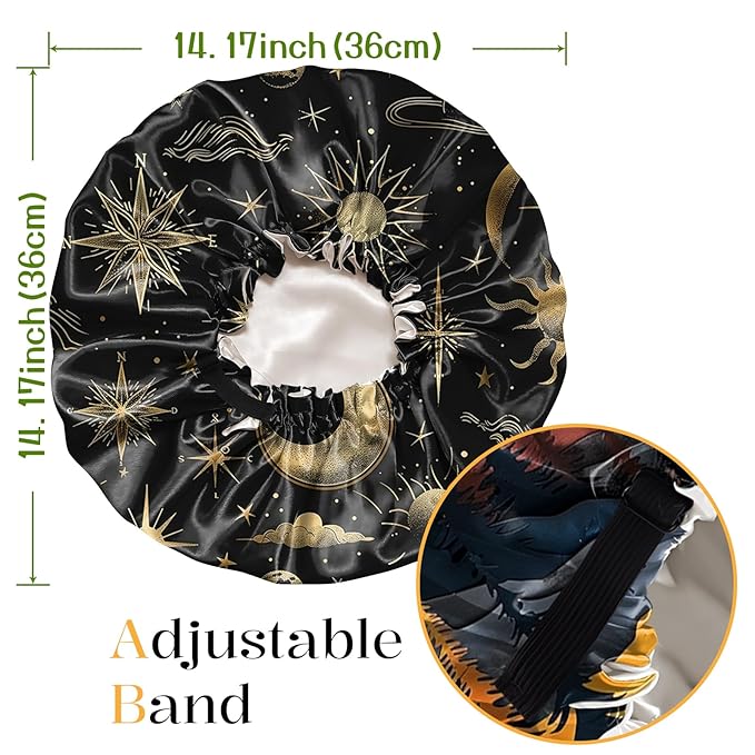 2 PCS Bonnets for Women Girls Satin Hair Bonnet Silk Adjustable Elastic Double Layer Hair Wrap Sleep Cap Comfort Cute-Sun Moon Sunset