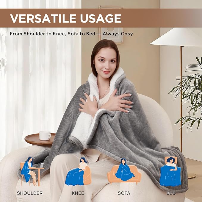 Westinghouse Heated Throw Blanket, Flower Jacquard Electric Blanket Throw with 6 Heating Levels& 2-10 Hours Auto-Off, Flannel to Sherpa Super Cozy Heated Blanket, Machine Washable (50x60‘’ Light Grey)