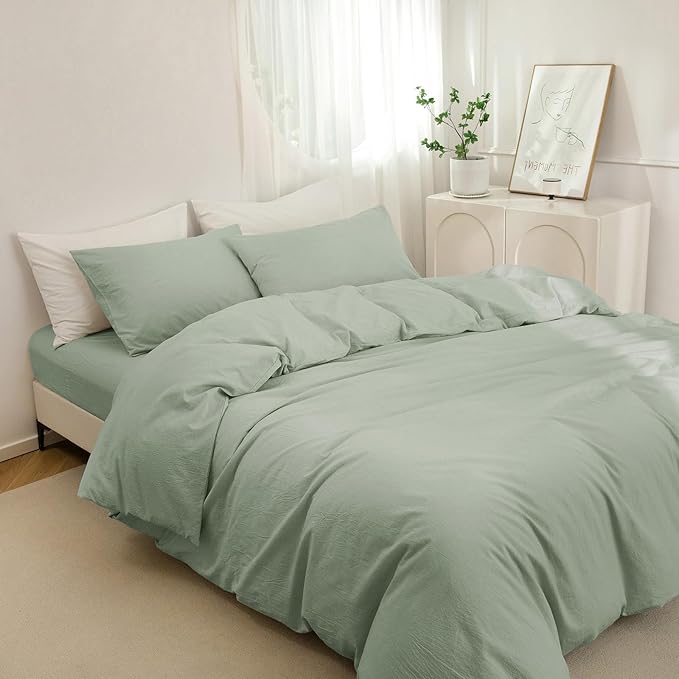 JIYUAN 100% Washed Cotton Duvet Cover Set 3 PCS Oversized Queen, 1 Duvet Cover 98"x98" (Comforter Not Included) and 2 Pillowcases,Linen Feel Bedding Set Comfy and Breathable, Heathered Sage Green