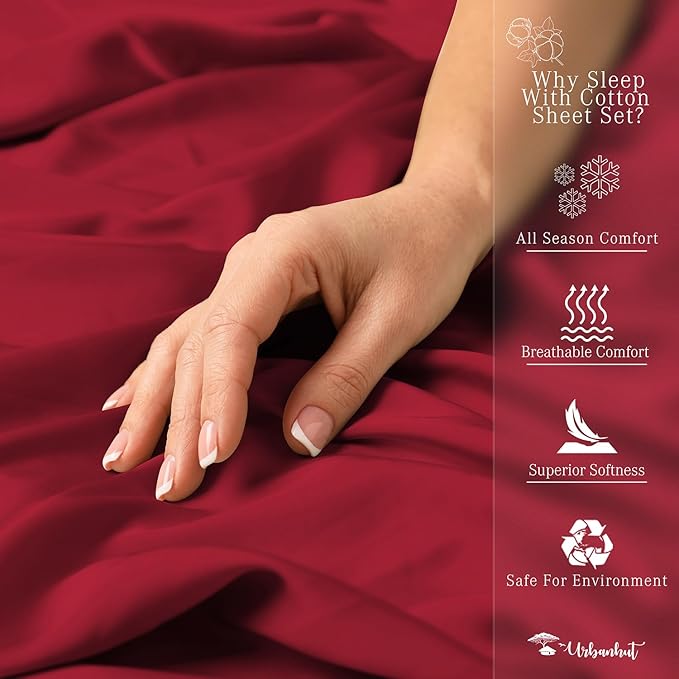 URBANHUT 700 Thread Count Egyptian Cotton Queen Sheets, 4Pc Sheet Set Soft Luxury Bed Sheets for Queen Size Bed, Sateen Weave Hotel Sheets, 16'' Elasticized Deep Pocket - Burgundy