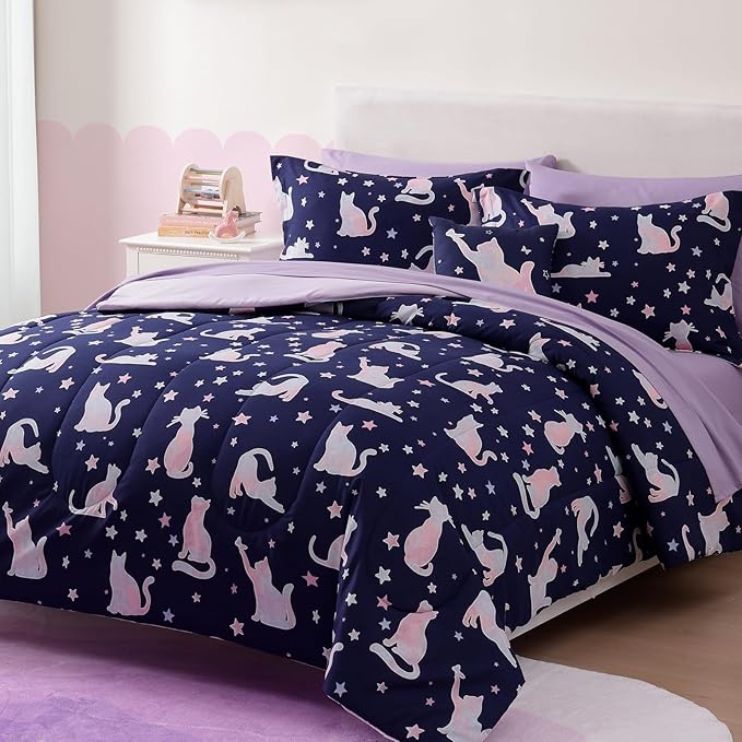 Twin Comforter Set for Girls-3 Pieces Cute Cat Twin Bedding Sets for Kids,1 Comforter,1 Sham and 1 Decor Pillow