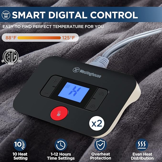 Westinghouse Electric Blanket Queen Size, Super Cozy Soft Flannel 84"" x 90"" Heated Blanket with 10 Fast Heating Levels & 1-12 Auto-Off, Machine Washable, ETL&FCC Certification, Charcoal