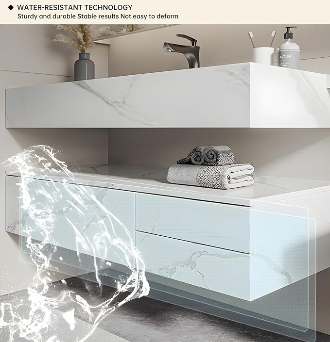 Floating Bathroom Vanity with Sink, Solid Wood Bathroom Vanity Set, Smart Defogging Mirror & Induction Side Cabinet & Large Storage - Elegant Bathroom Vanities (White,56IN)