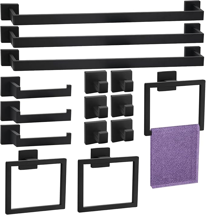 15 Pieces Bathroom Hardware Set, Matte Black Bathroom Accessories Set, Towel Racks for Bathroom, 23.6 Inch Bath Towel Bar Set Stainless Steel, Toilet Paper Holder Wall Mounted, Towel Ring, Towel Hook