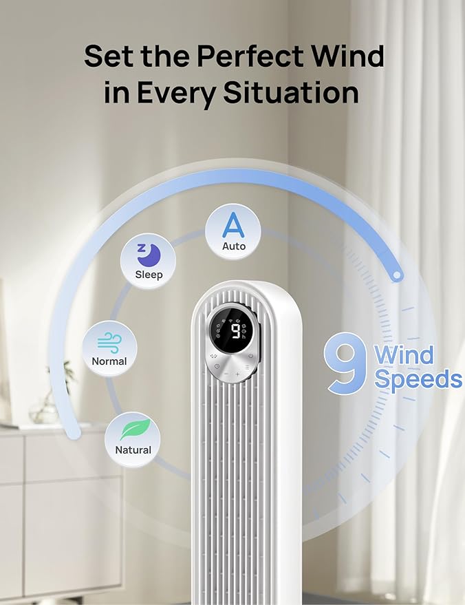 Dreo Smart Tower Fan for Bedroom, Floor Standing Bladeless Oscillating Fan with Remote, 9 Speeds, 4 Modes, 12H Timer, for Indoor Bedroom Home Office, WiFi Voice Control, Cruiser TF518S