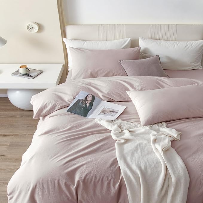 JIYUAN 100% Washed Cotton Duvet Cover Set 3 PCS Oversized King Plus, 1 Duvet Cover 128"x120"(Comforter Not Included) and 2 Pillowcases,Linen Like Comfy and Breathable,Heathered Greyish Pink