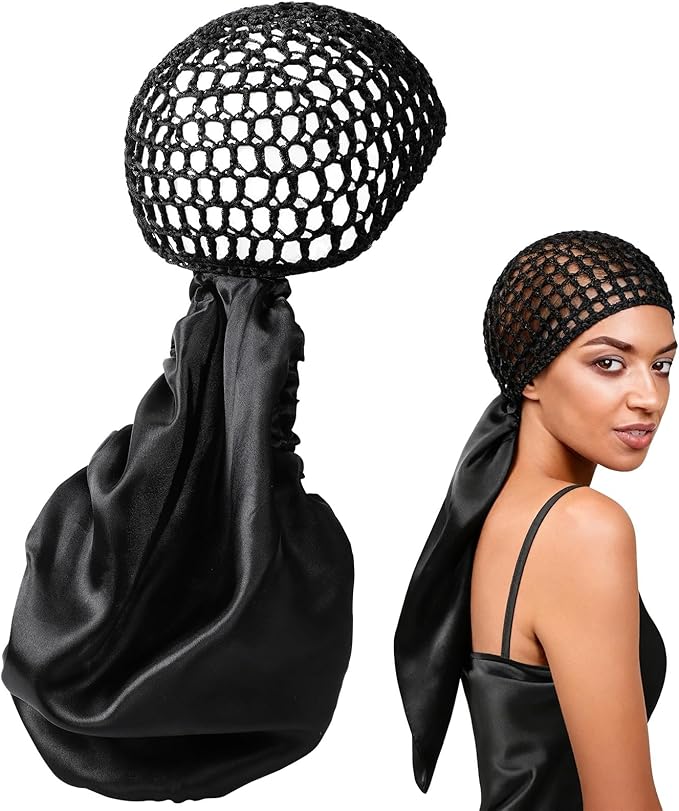 2 In1 Wrap Cap Bonnet Reversible,Adjustable Hair Wrap Cap Nettie Band Net,Extra Long Hair Silk Press Set Braid Bonnet for Curly Black