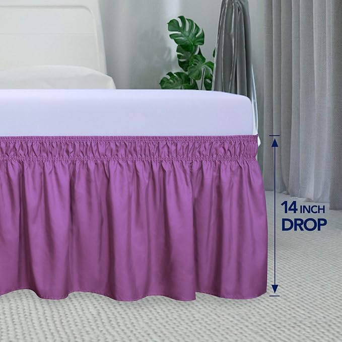 PureFit Wrap Around Ruffled Bed Skirt with Adjustable Elastic Belt - 14 Inch Drop Easy to Put On, Wrinkle Free Bedskirt Dust Ruffles, Bed Frame Cover for Twin,Twin XL and Full Size Beds, Purple