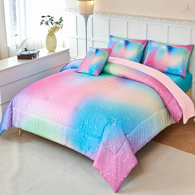URBONUR Rainbow Comforter Set Queen for Girls 6 Pieces Bed in A Bag for Teen Girl Women Soft Microfiber Tie Dye Kids Bedding Set
