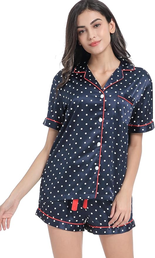 Women's Satin Pajama Set 2-Piece Sleepwear Loungewear Button Down Short Sleeve Silky PJ Set