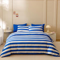KAREVER Royal Blue White Stripes Comforter Set Twin Size Royal Blue White Stripes Bedding Set 3 PCs Comforter Set Twin Size Fluffy Linen Comforter Sets