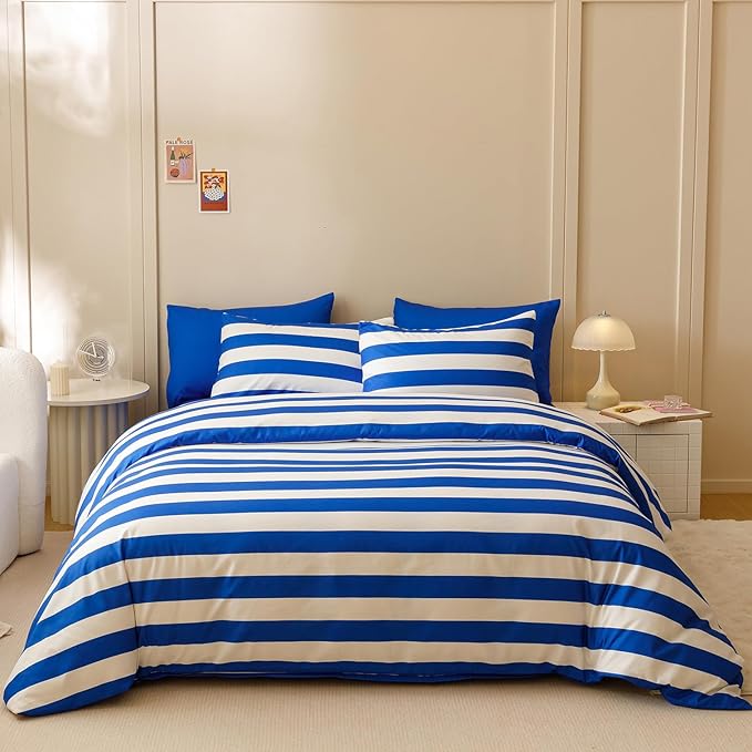 KAREVER Royal Blue White Stripes Comforter Set Twin Size Royal Blue White Stripes Bedding Set 3 PCs Comforter Set Twin Size Fluffy Linen Comforter Sets