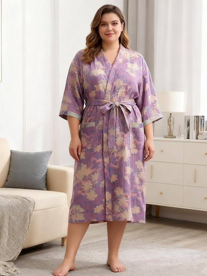 Women Cotton Double Gauze Jacquard Kimono Robe Bathrobe with Belt Pocket Comfortable Loungewear Yukata Sleepwear