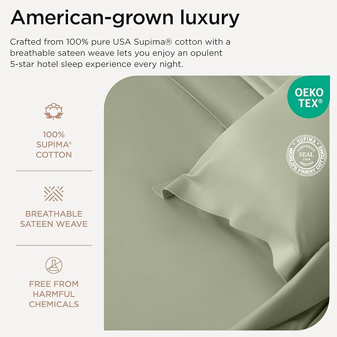Threadmill Luxury Supima Cotton Sheets, 1000 Thread Count Soft 100% Cotton Sheets for King Size Bed, 4 Pc Sage Green King Bed Sheet Set, 5-Star Hotel Quality with Elasticized Deep Pocket King Sheet