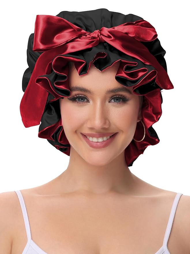 Hair Bonnet for Sleeping, Satin Silk Shower Cap Women 2025 with Tie Band and Adjustable Straps Head Wrap for Curly Hair Black F