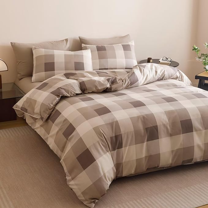 Cottonight Checkered Khaki Comforter Set King Men Gingham Grid Bedding Set Khaki and Cream Coffee Grid Comforter Fluffy Soft Blanket Quilts Modern Cottagecore Comforter for King Bed