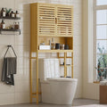 Over The Toilet Storage Cabinet, Bamboo Storage Cabinet Over Toilet with Double Doors & Open Shelves, Freestanding Toilet Shelf Space Saver with Anti-Tip Design, Natural