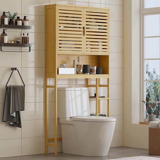 Over The Toilet Storage Cabinet, Bamboo Storage Cabinet Over Toilet with Double Doors & Open Shelves, Freestanding Toilet Shelf Space Saver with Anti-Tip Design, Natural