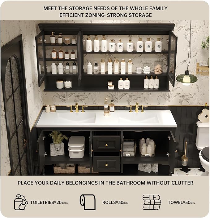 48" Bathroom Vanity with Sink,Freestanding Bathroom Vanity Large Storage Cabinet & Open Mirror Cabinet,2 Soft Closing Doors and 2 Drawers Solid Wood Luxury Bathroom Vanities Set,Black