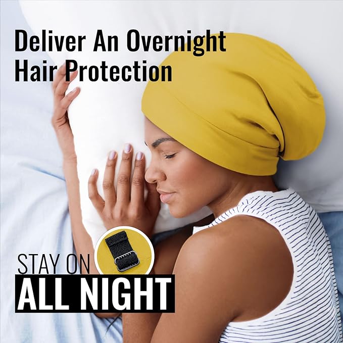Satin Lined Sleep Cap Bonnet for Curly Hair and Braids, Stay On All Night Hair Wrap with Adjustable Strap for Women and Men, Yellow, Pack of 1