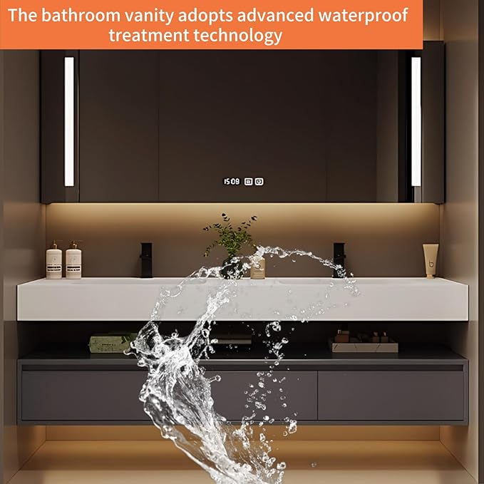 60IN Bathroom Vanity Double Sink - Double Sink Bathroom Vanity Set Include Smart Defogging Bathroom Mirror Cabinet with LED Light Strips, Abundant Storage Space with 3 Drawers (Mirror Cabinet)