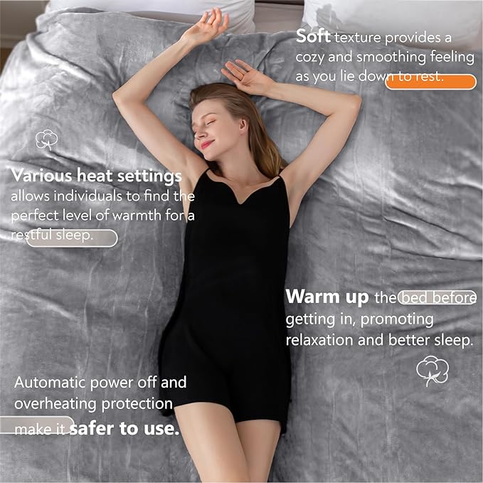 Wapaneus Heated Blanket Electric Throw 62" x 84" Twin Size with 10 Heat Levels and 12 Hours time Settings, Flannel Fast-Heating, ETL Listed, Machine Washable,Light Grey