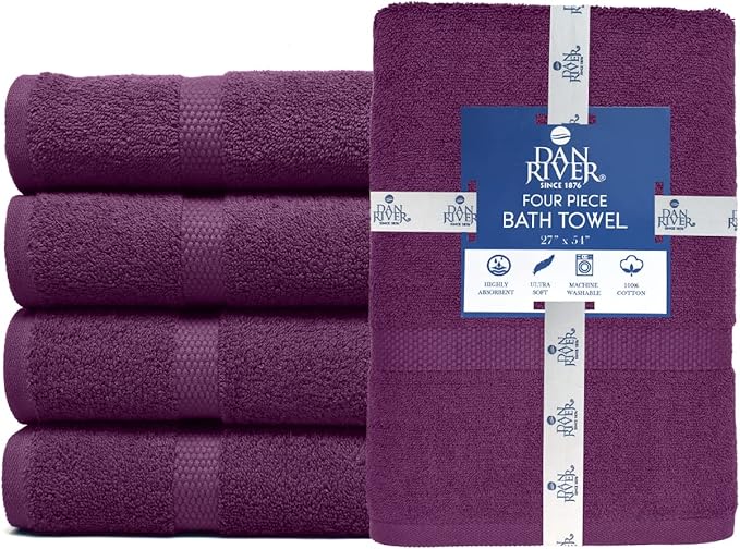 DAN RIVER Bath Towels Set of 4, 27 x 54 Inches, 100% Cotton, Larger & Lighter Weight, Quicker to Dry, Super Soft and Absorbent, Ideal Quick Dry Bath Towel for Daily Use, Purple