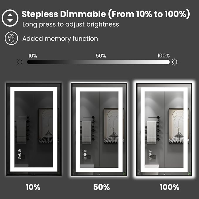 Amorho 50" X32" LED Bathroom Mirror with Black Frame, Front Light and Backlit, Stepless Dimmable, Anti-Fog, Shatter-Proof, Memory, 3 Colors, Double LED Vanity Mirror
