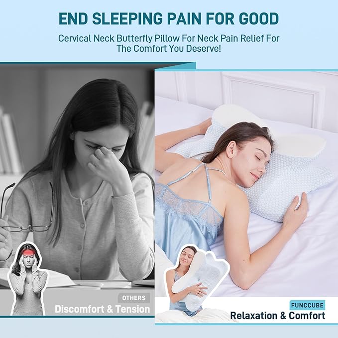 Cervical Neck Pillow for Sleeping, Dual Height Memory Foam Pillow for Neck Pain Relief, Ergonomic Contour Pillow for Side, Back & Stomach Sleepers – Cooling Washable Cover (Blue White)
